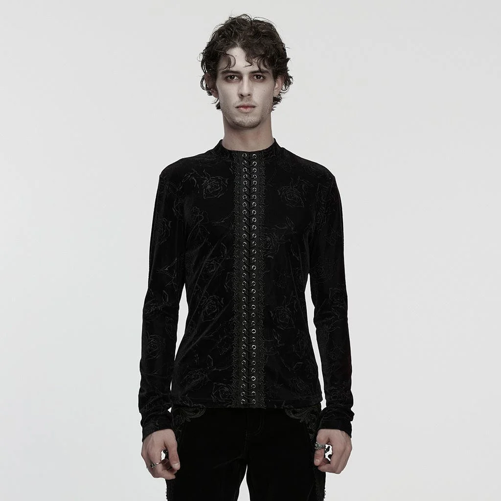 Top con lacci gotici da uomo con stampa rosa in rilievo, nero - immagine 2