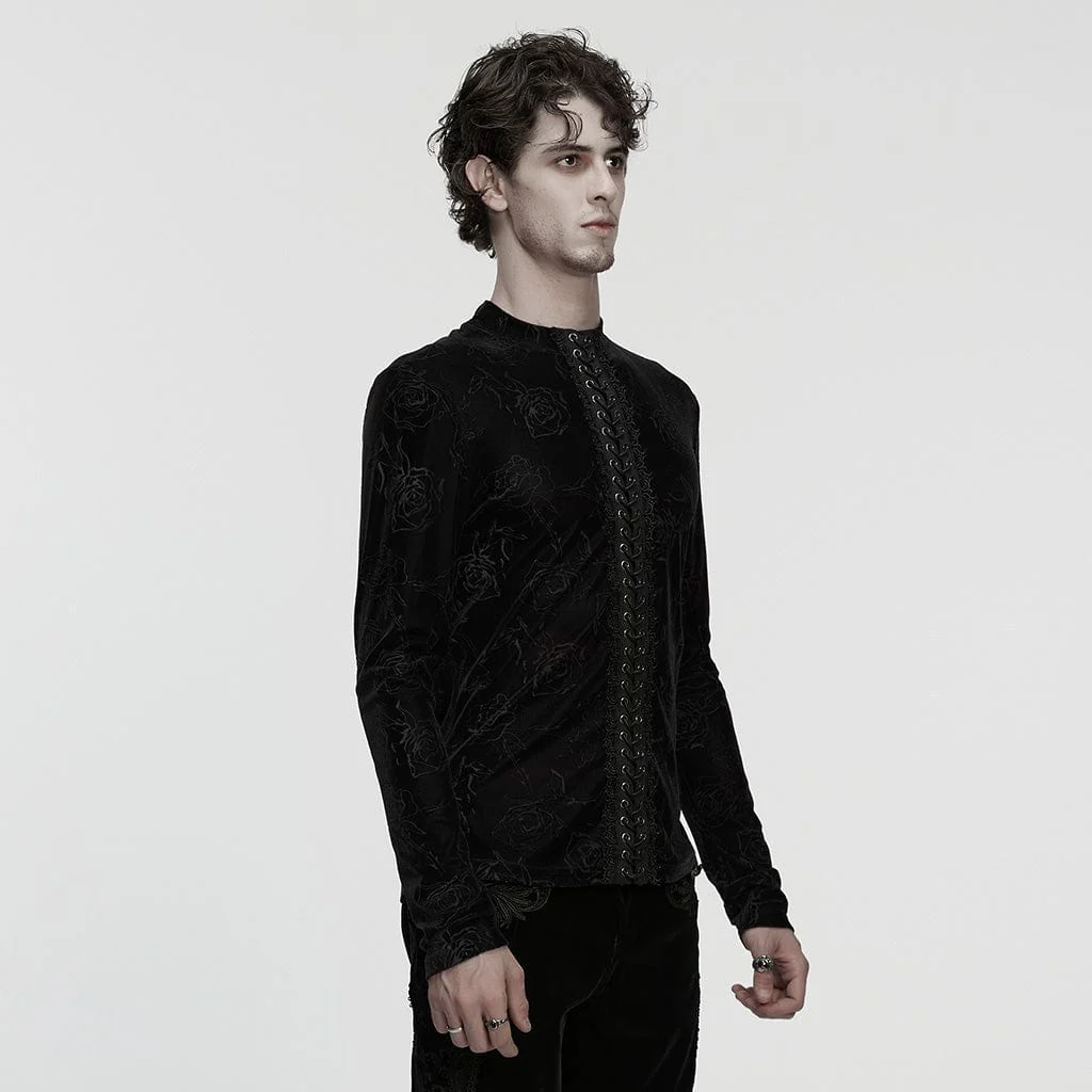 Top con lacci gotici da uomo con stampa rosa in rilievo, nero - immagine 3