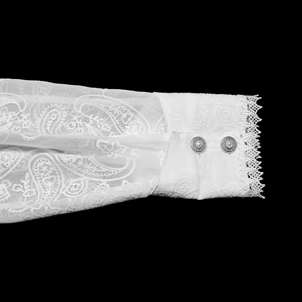 Camicia da uomo in stile gotico, con colletto rialzato, volant e ricamo, bianca - immagine 9