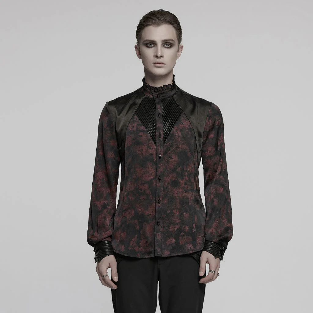 Camicia da uomo in stile gotico con colletto rialzato e volant, rossa - immagine 2