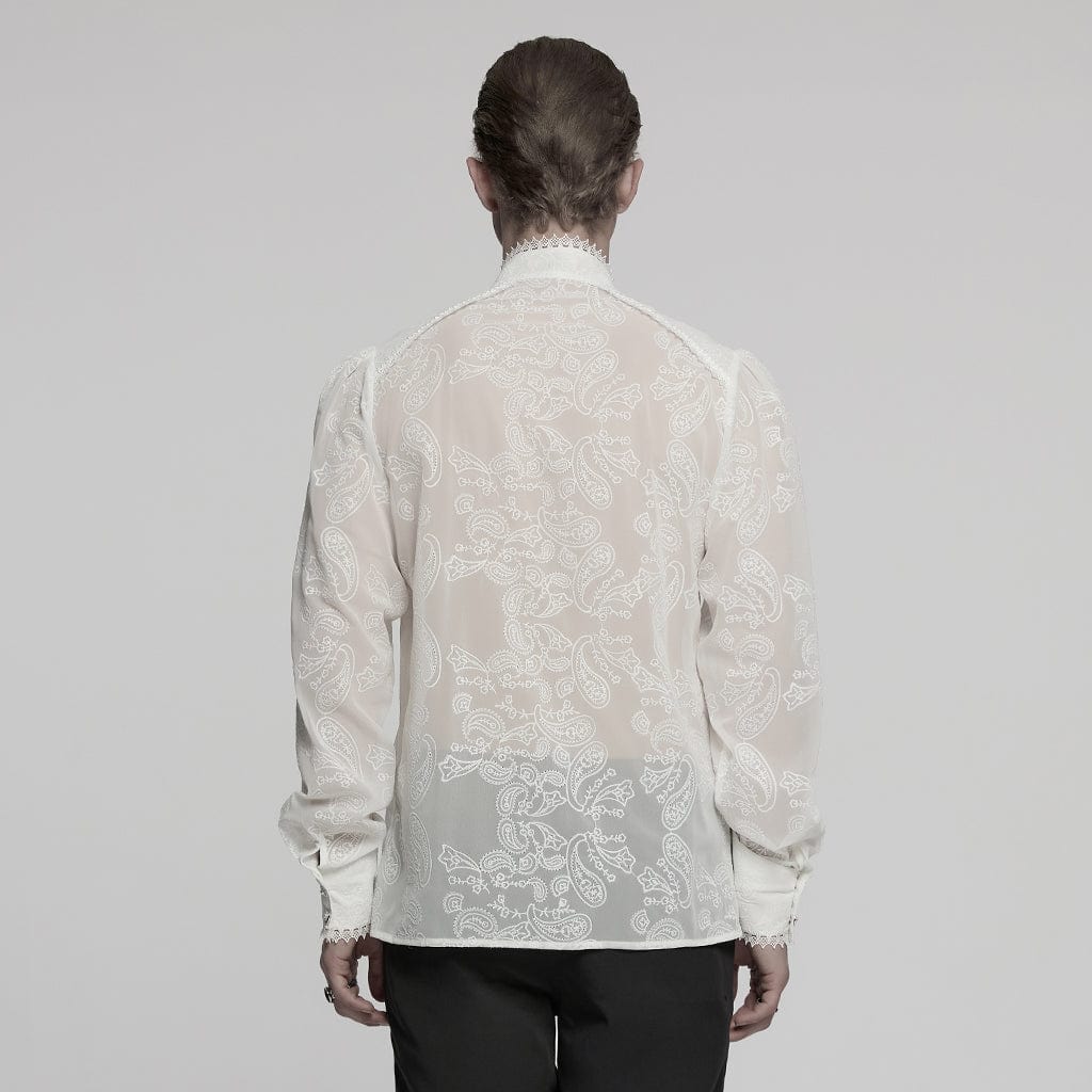 Camicia da uomo in chiffon trasparente ricamata con colletto alto in stile gotico, bianca - immagine 4