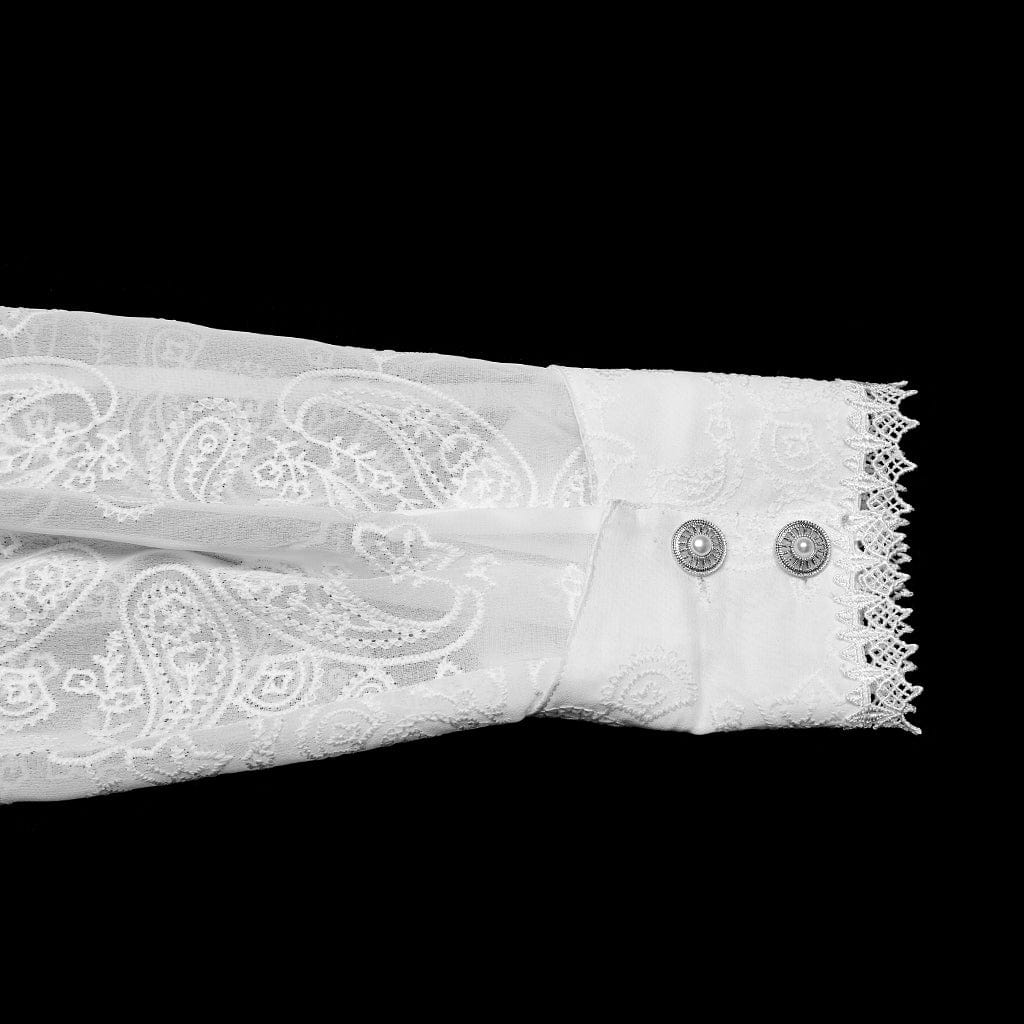 Camicia da uomo in chiffon trasparente ricamata con colletto alto in stile gotico, bianca - immagine 9