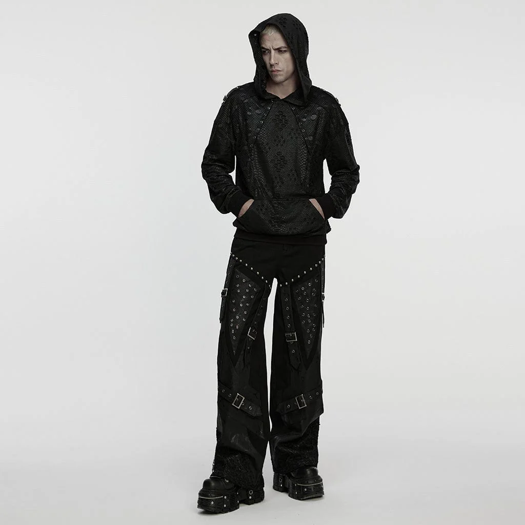 Felpa con cappuccio larga strappata con occhielli punk da uomo - immagine 5