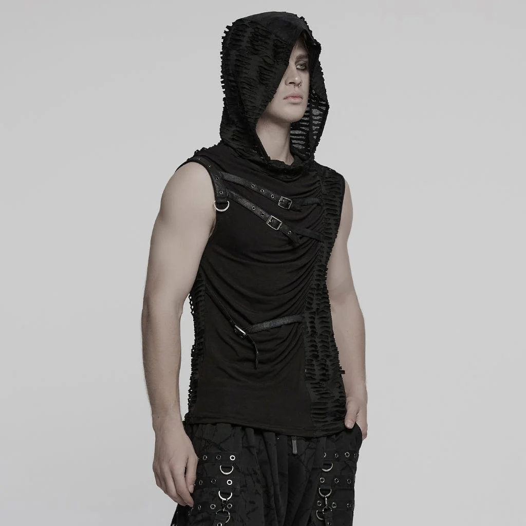 Gilet con cappuccio strappato e arricciato punk da uomo - immagine 3