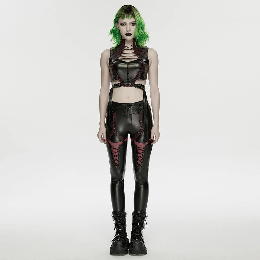 Top corto con spalline e borchie cyberpunk da donna, nero-rosso - immagine 5