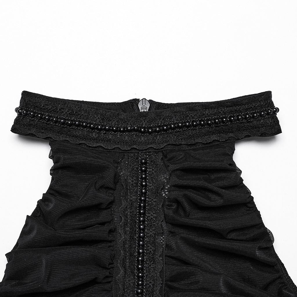 Top con scollo all'americana in pizzo arricciato e perline gotico da donna - immagine 7