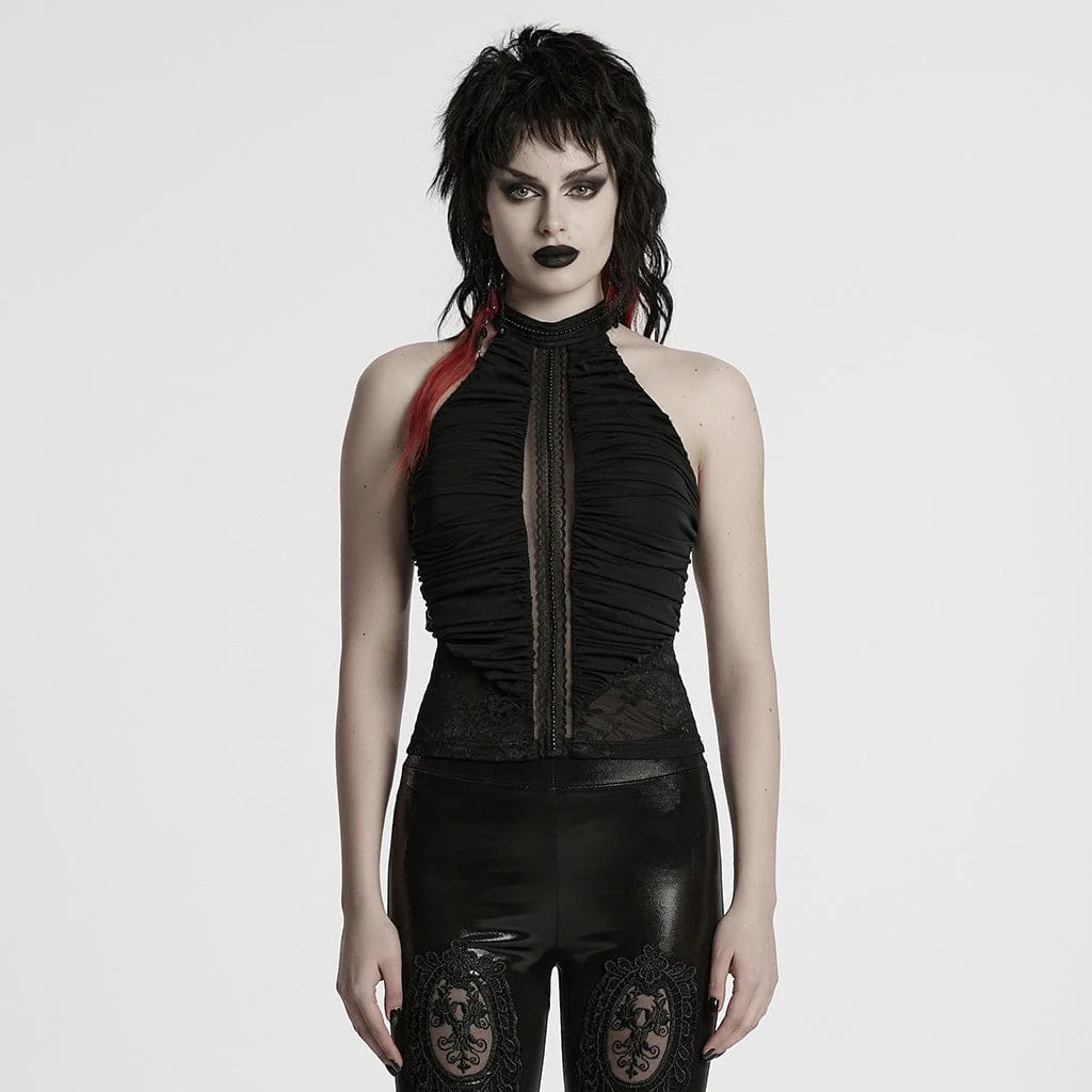 Top con scollo all'americana in pizzo arricciato e perline gotico da donna - immagine 2