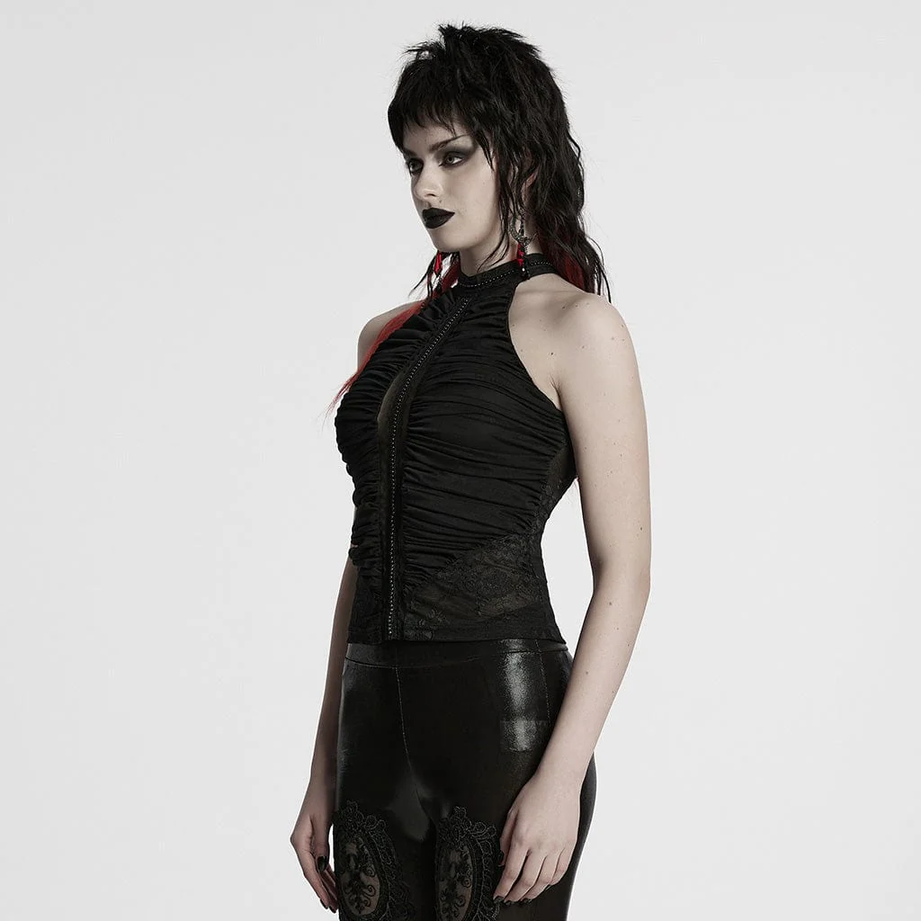 Top con scollo all'americana in pizzo arricciato e perline gotico da donna - immagine 3