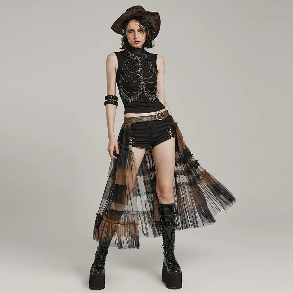 Gonna lunga da donna con fibbia gotica in rete arricciata nero-caffè - immagine 5