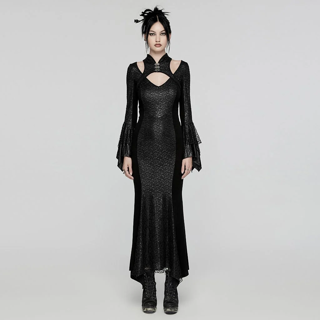 Abito da donna con colletto cheongsam gotico a coda di pesce, nero - immagine 2