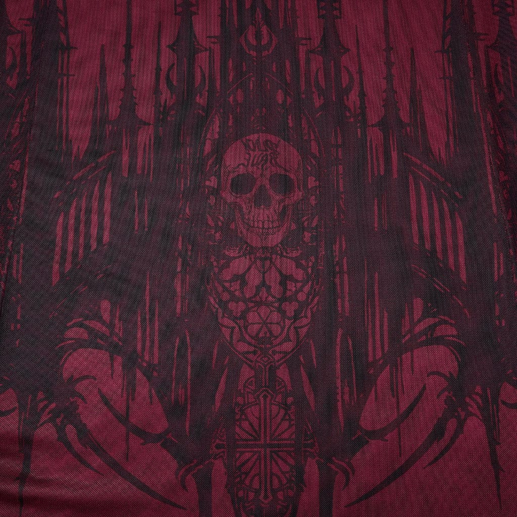 Abito da cerimonia da donna con scollo all'americana, stampa teschio gotico e croce - immagine 8