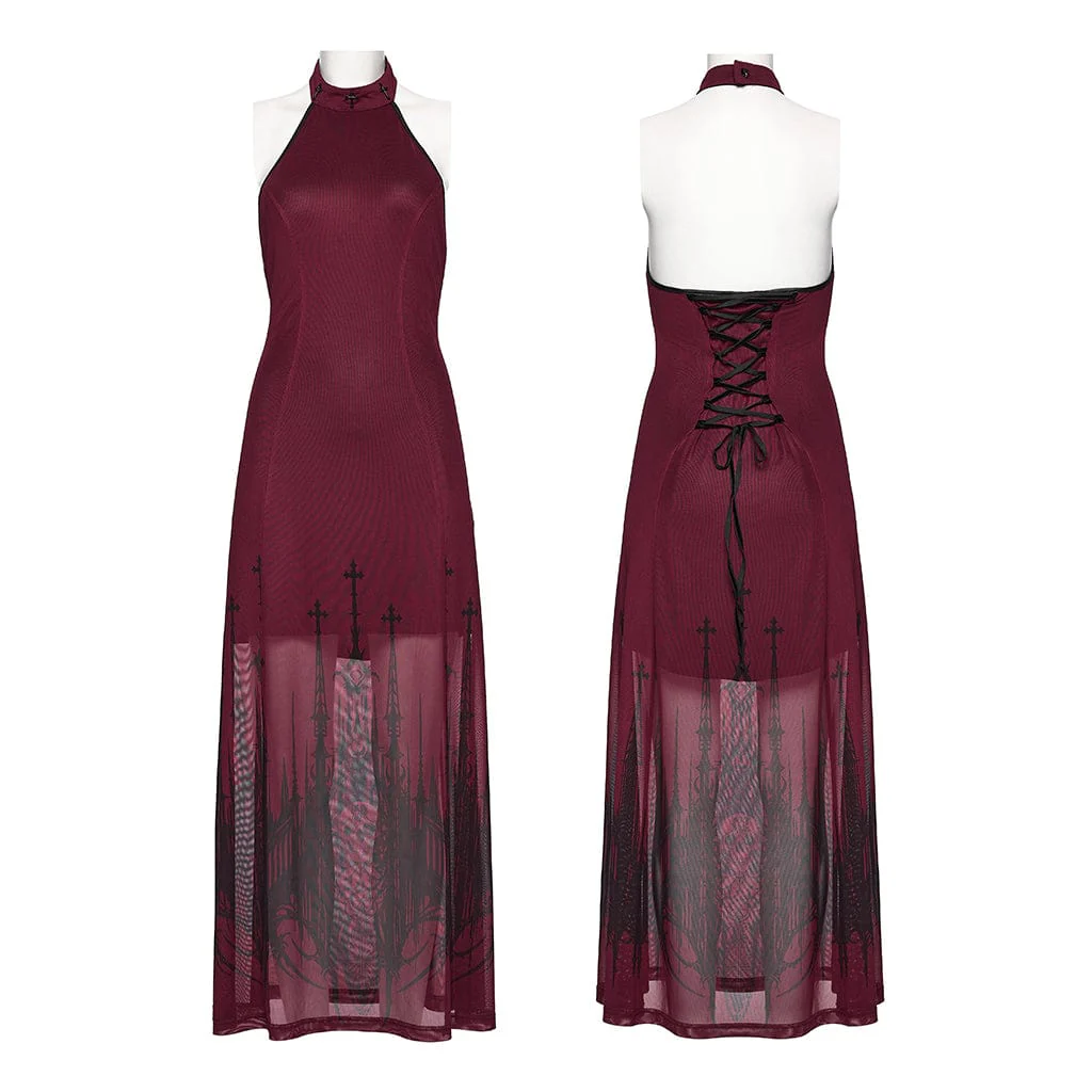 Abito da cerimonia da donna con scollo all'americana, stampa teschio gotico e croce - immagine 6