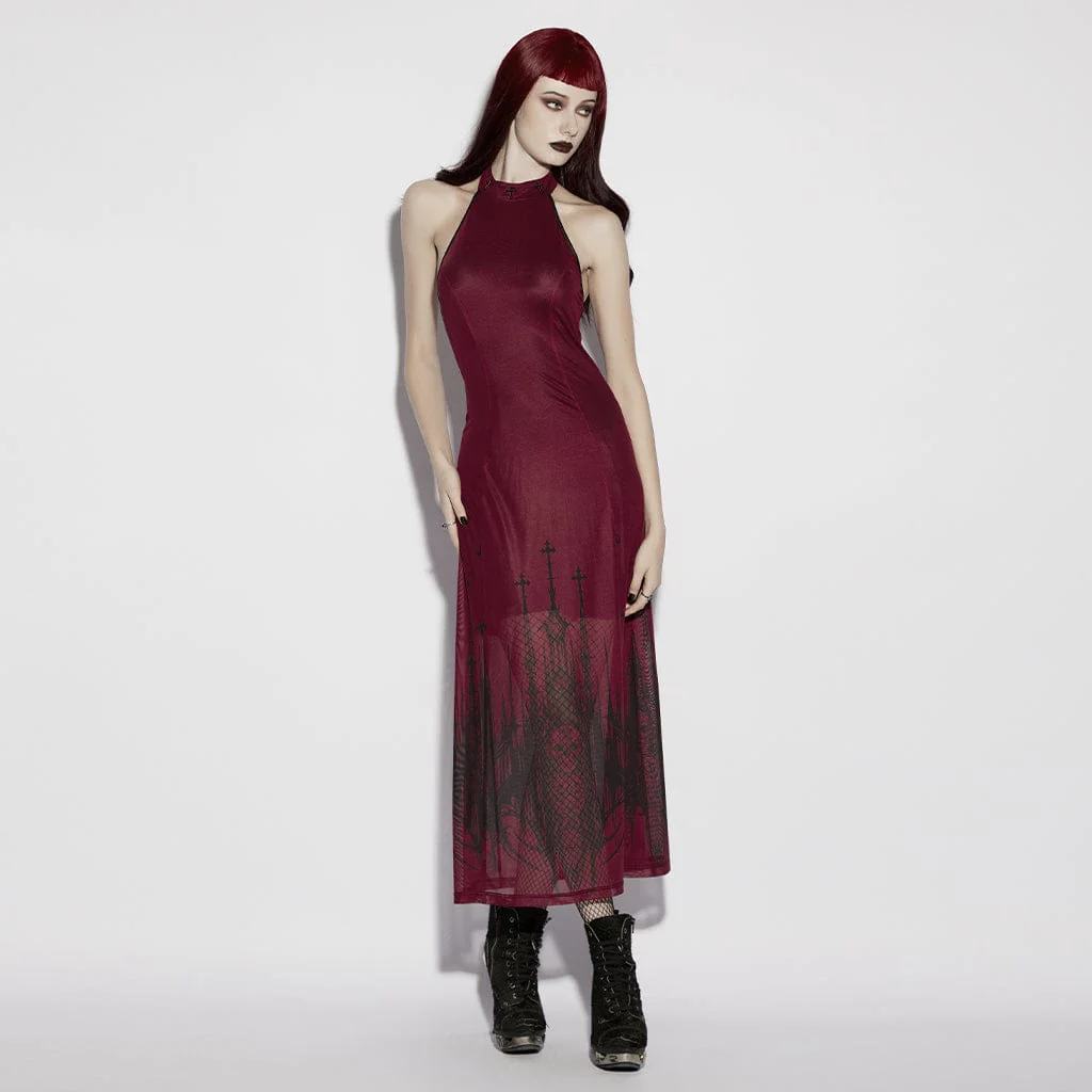 Abito da cerimonia da donna con scollo all'americana, stampa teschio gotico e croce - immagine 5