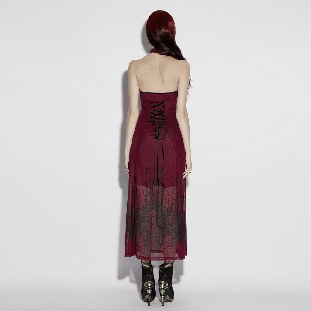 Abito da cerimonia da donna con scollo all'americana, stampa teschio gotico e croce - immagine 4