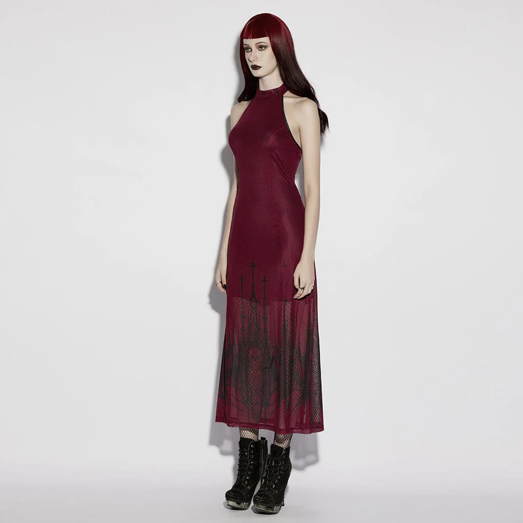 Abito da cerimonia da donna con scollo all'americana, stampa teschio gotico e croce - immagine 3