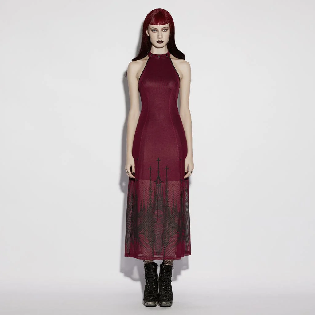 Abito da cerimonia da donna con scollo all'americana, stampa teschio gotico e croce - immagine 2