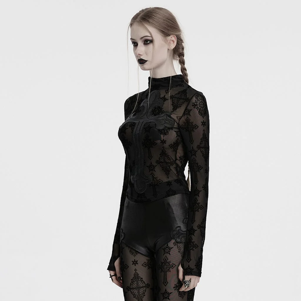 T-shirt da donna in rete floccata con croce gotica trasparente - immagine 6