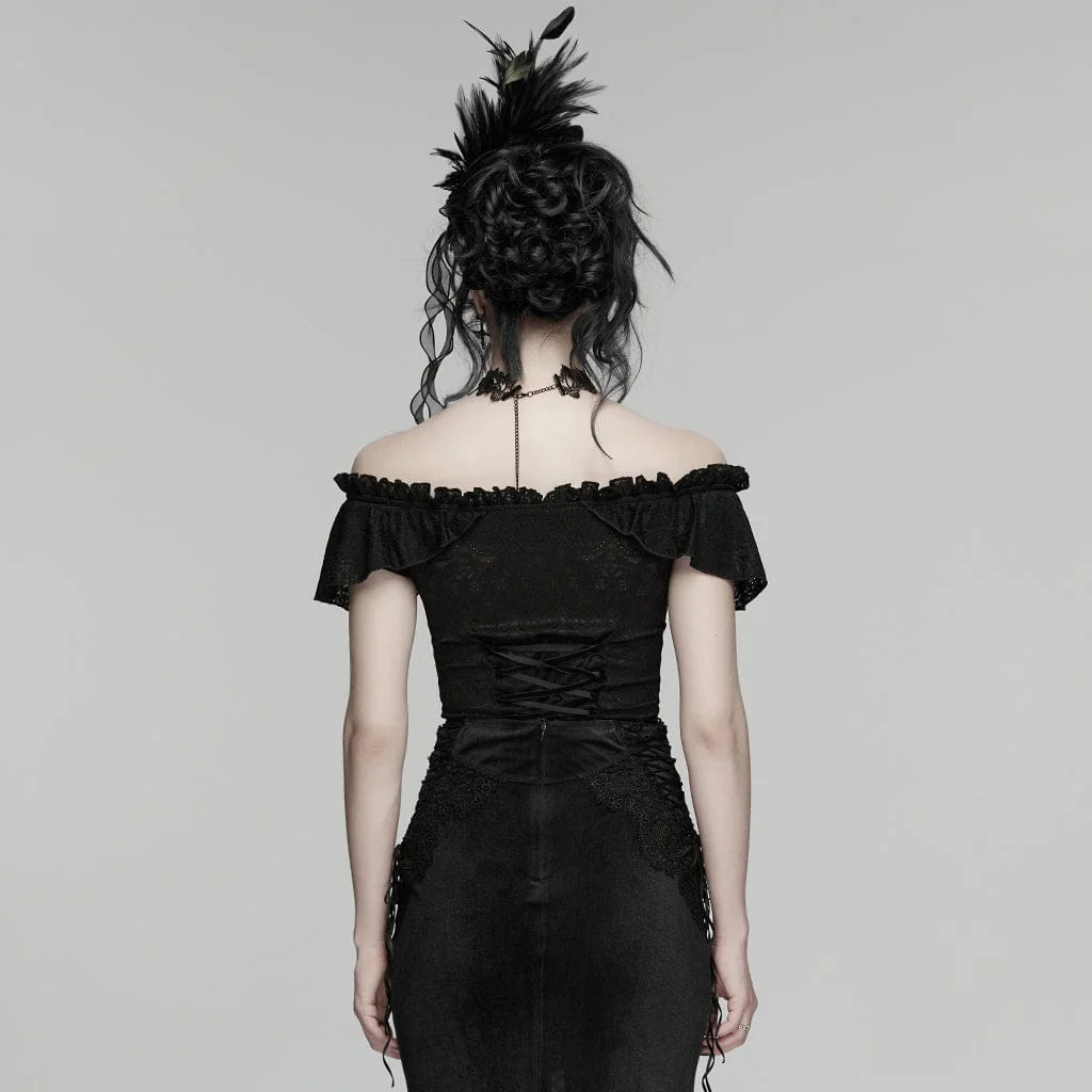 Top da donna in stile gotico Falbala con spalle scoperte e maniche corte - immagine 4