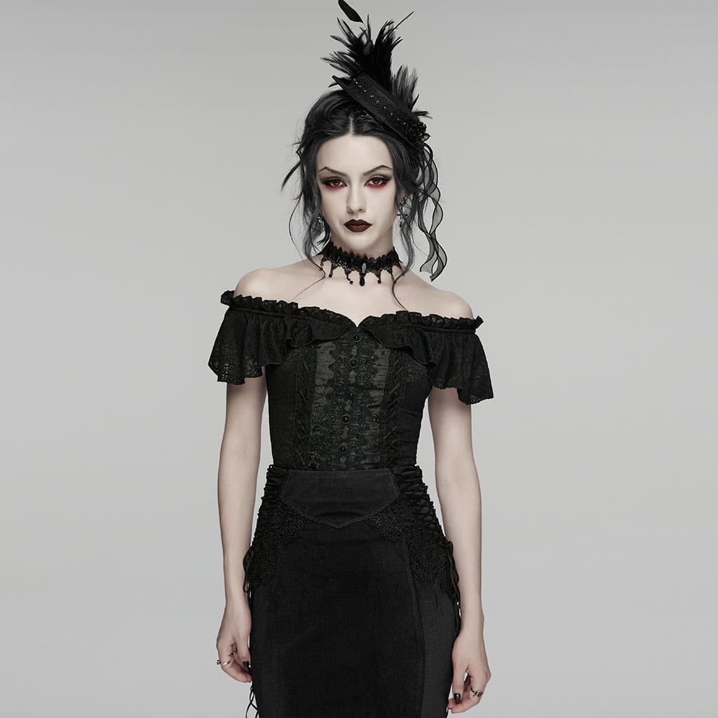 Top da donna in stile gotico Falbala con spalle scoperte e maniche corte - immagine 2