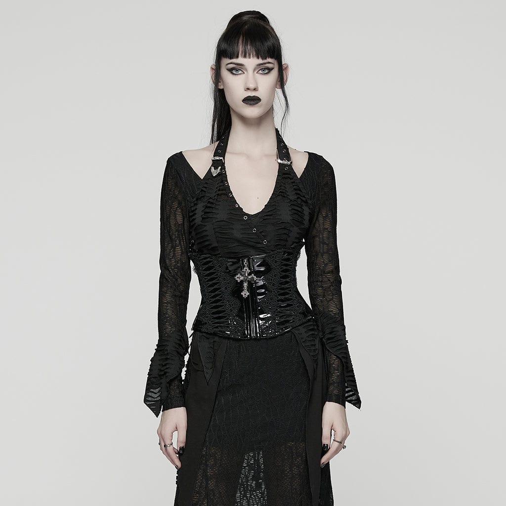 Cintura in similpelle con lacci e motivo floreale all'uncinetto gotico da donna - immagine 2