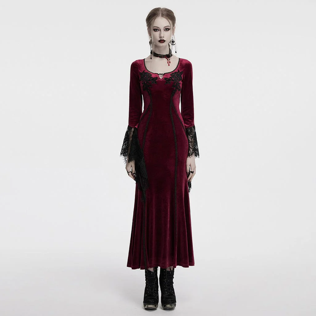 Abito da donna in velluto con pizzo ricamato floreale gotico, rosso - immagine 2