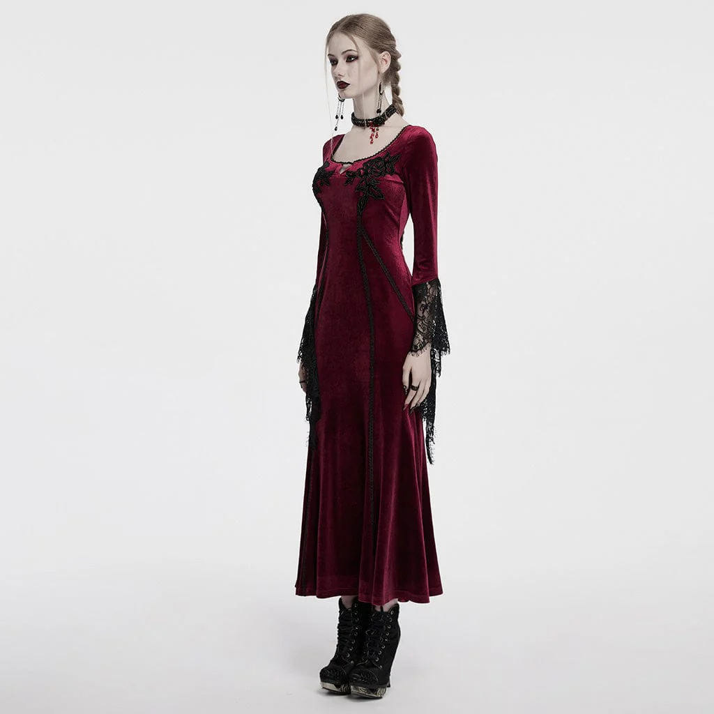 Abito da donna in velluto con pizzo ricamato floreale gotico, rosso - immagine 3