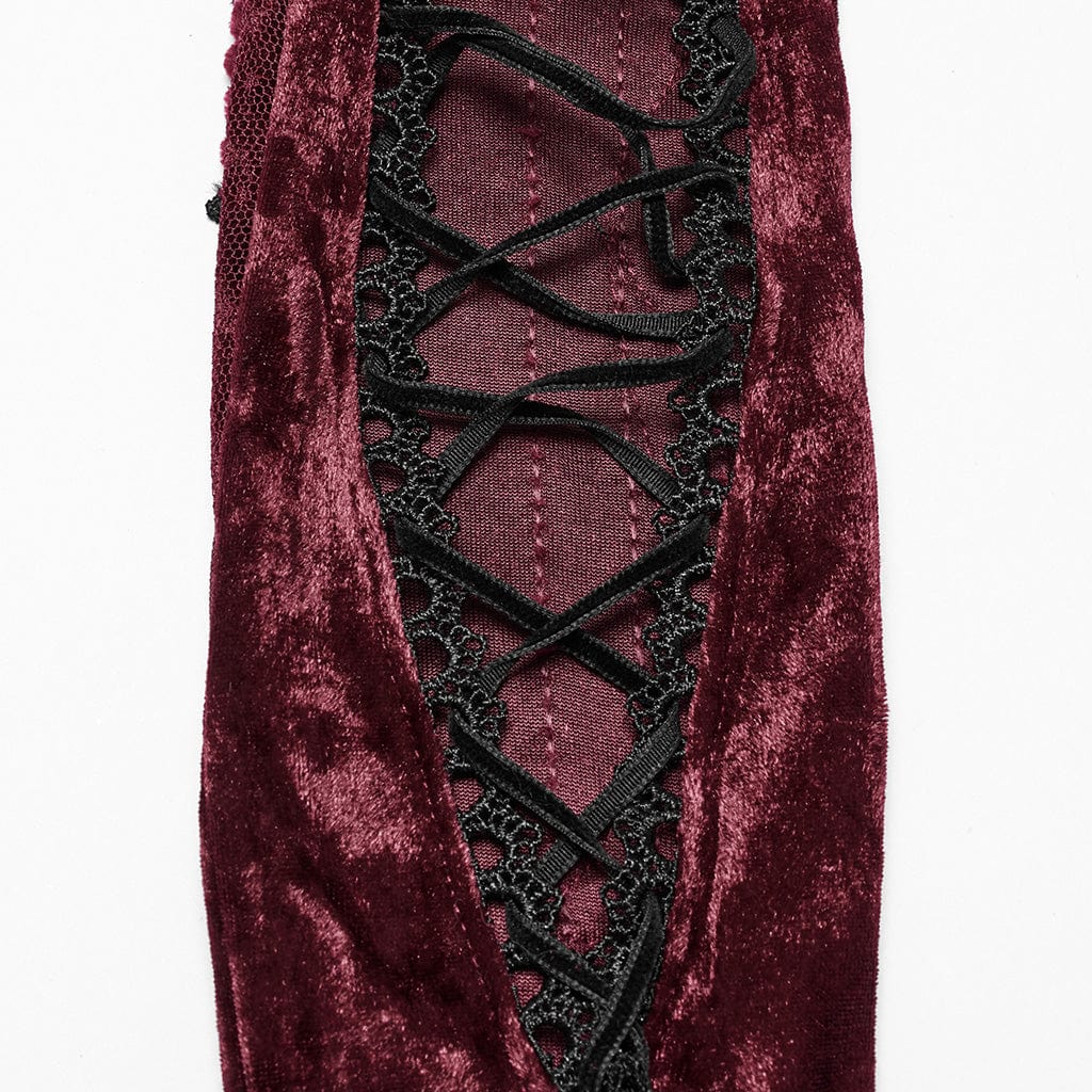 Guanti in velluto con lacci e ricami floreali gotici da donna, rossi - immagine 9