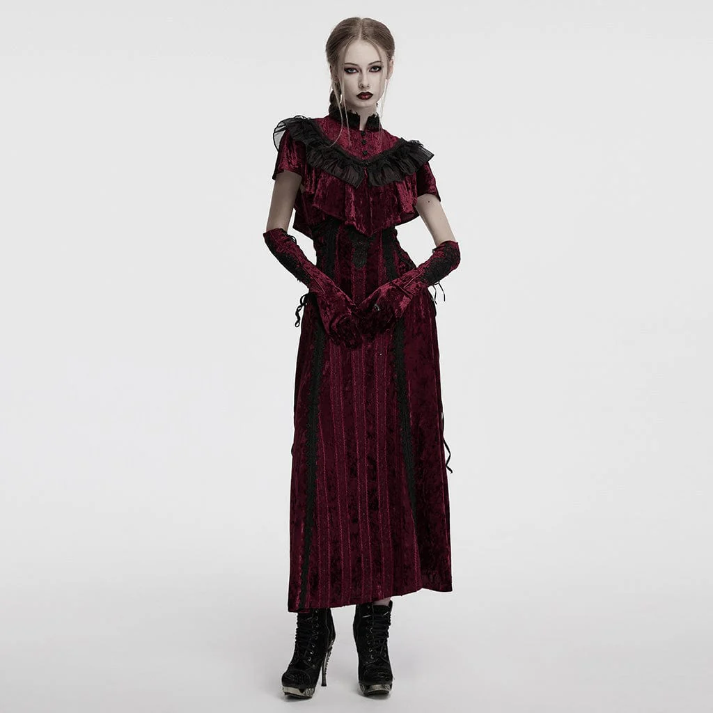 Guanti in velluto con lacci e ricami floreali gotici da donna, rossi - immagine 5