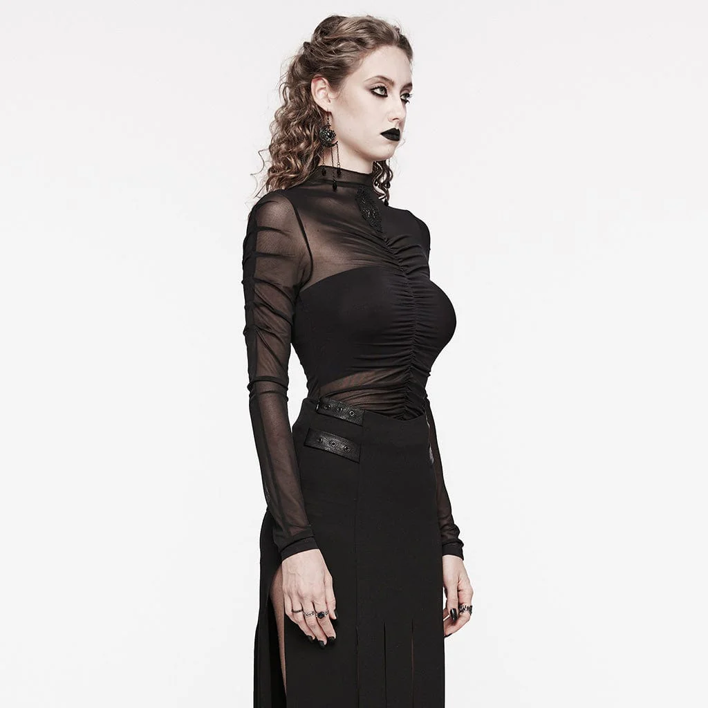 Camicia da donna in rete increspata ricamata floreale gotica - immagine 3