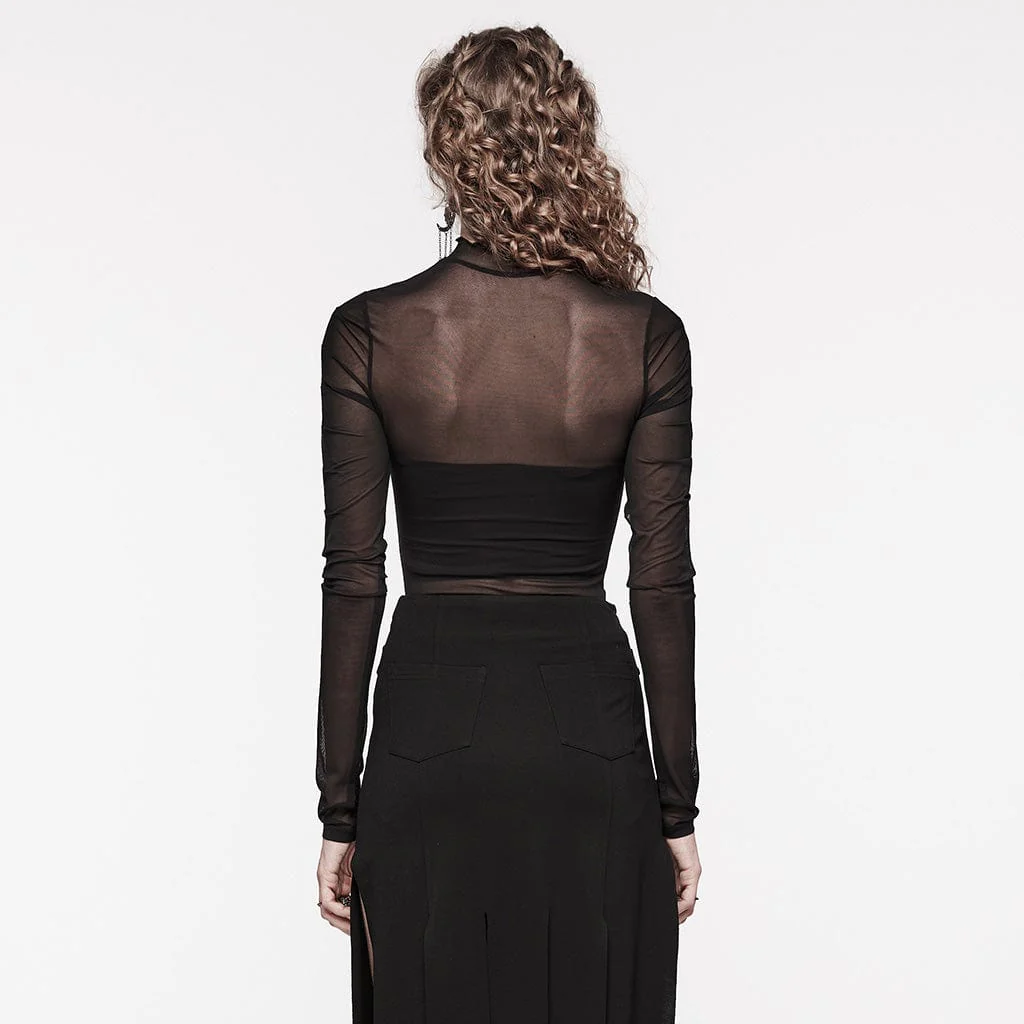 Camicia da donna in rete increspata ricamata floreale gotica - immagine 4