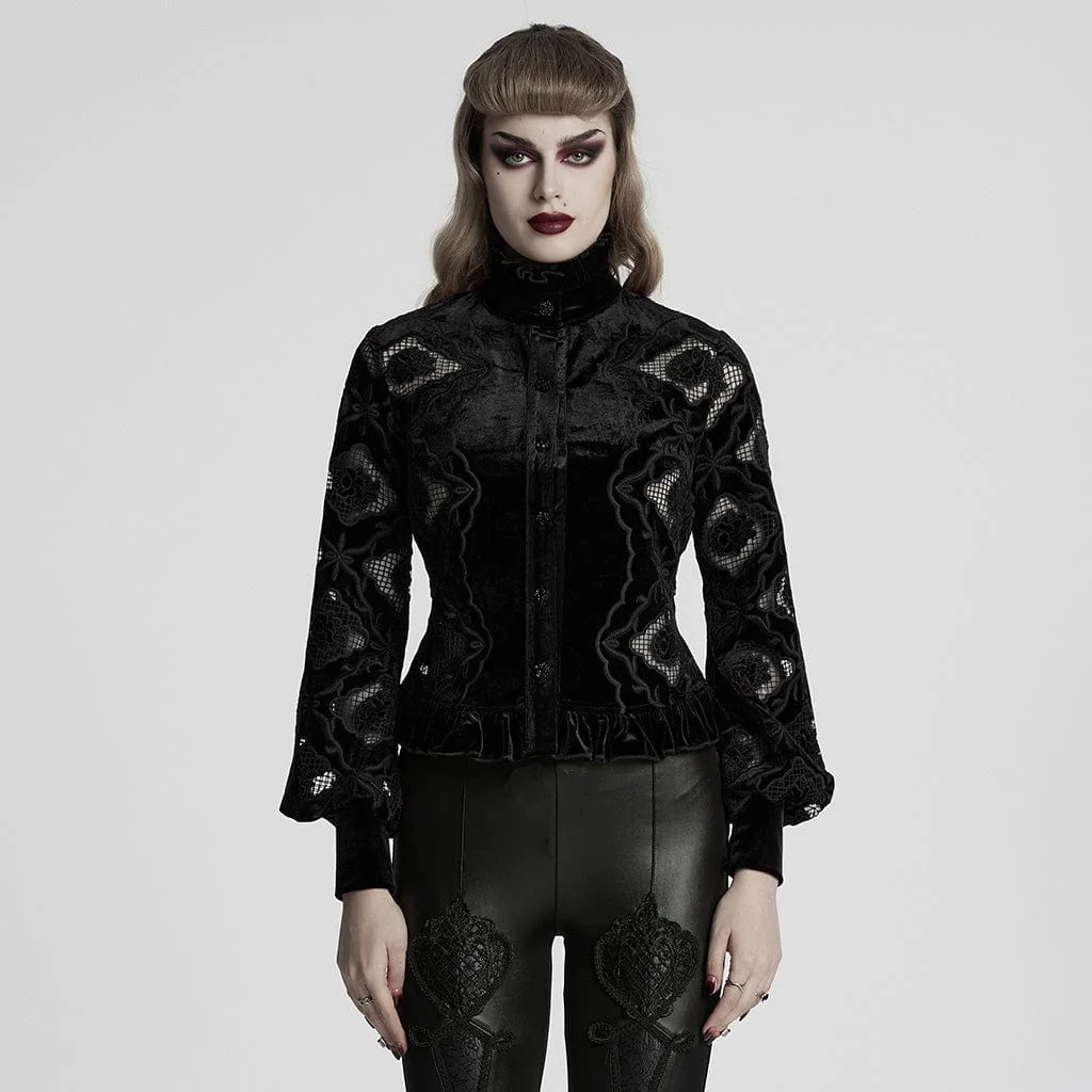 Camicia da donna in velluto con volant e ricami floreali gotici, nera - immagine 2