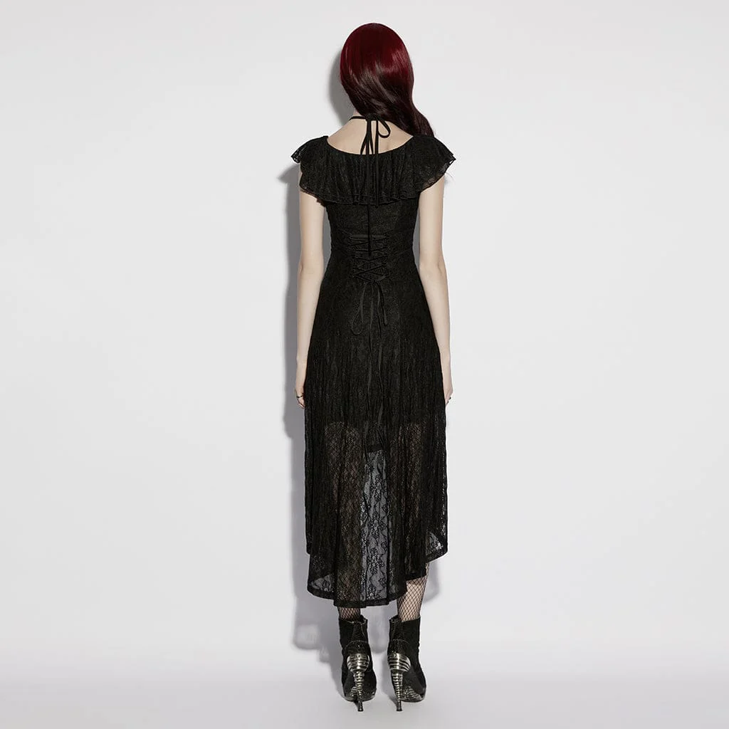 Abito da donna con scollo all'americana e incrocio in rete floreale gotica - immagine 4