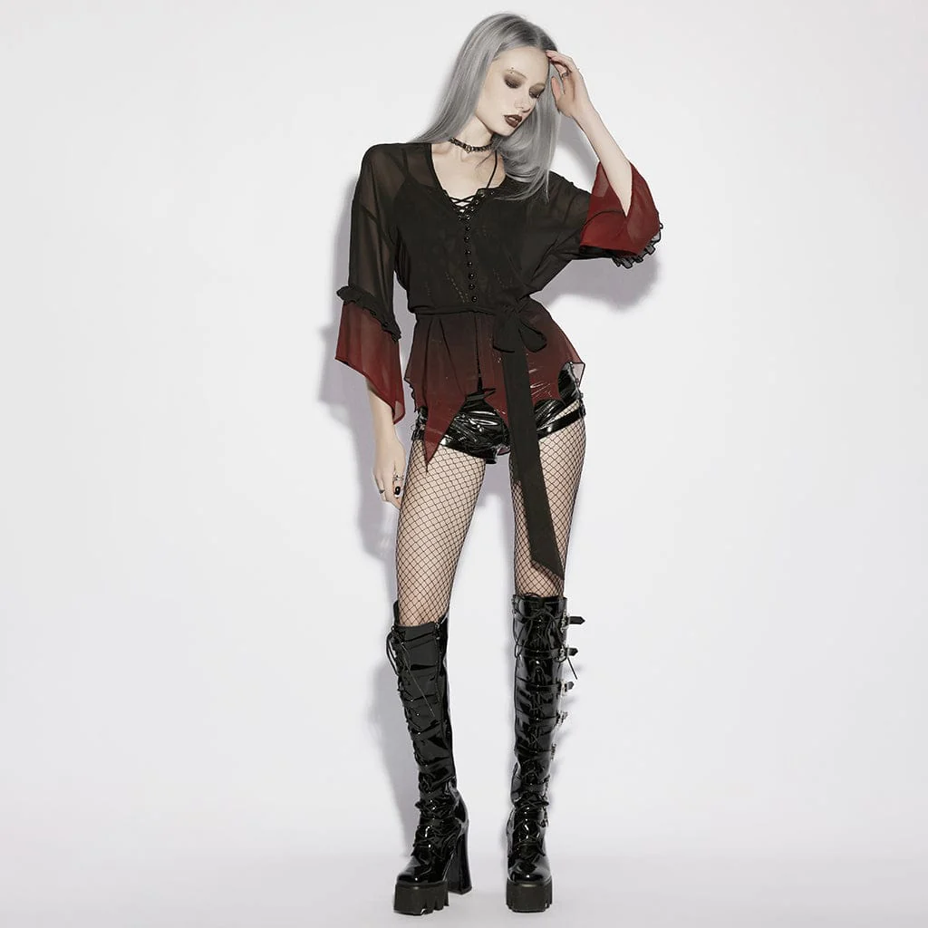Camicia da donna in chiffon trasparente con maniche svasate e sfumate in stile gotico - immagine 5