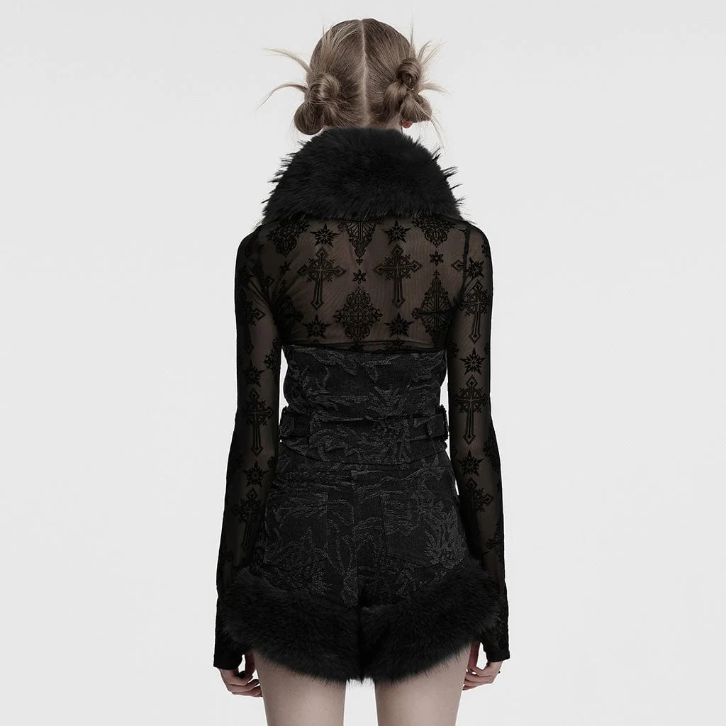 Gilet in denim jacquard con scollo all'americana in stile gotico da donna e collo in pelliccia sintetica, nero - immagine 4