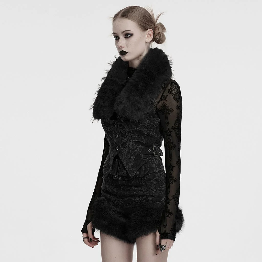 Gilet in denim jacquard con scollo all'americana in stile gotico da donna e collo in pelliccia sintetica, nero - immagine 3