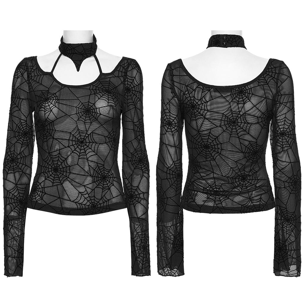 Top in rete con ragnatela e scollo all'americana da donna, colore nero - immagine 6