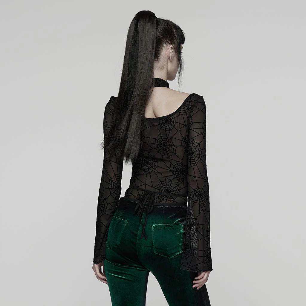 Top in rete con ragnatela e scollo all'americana da donna, colore nero - immagine 4