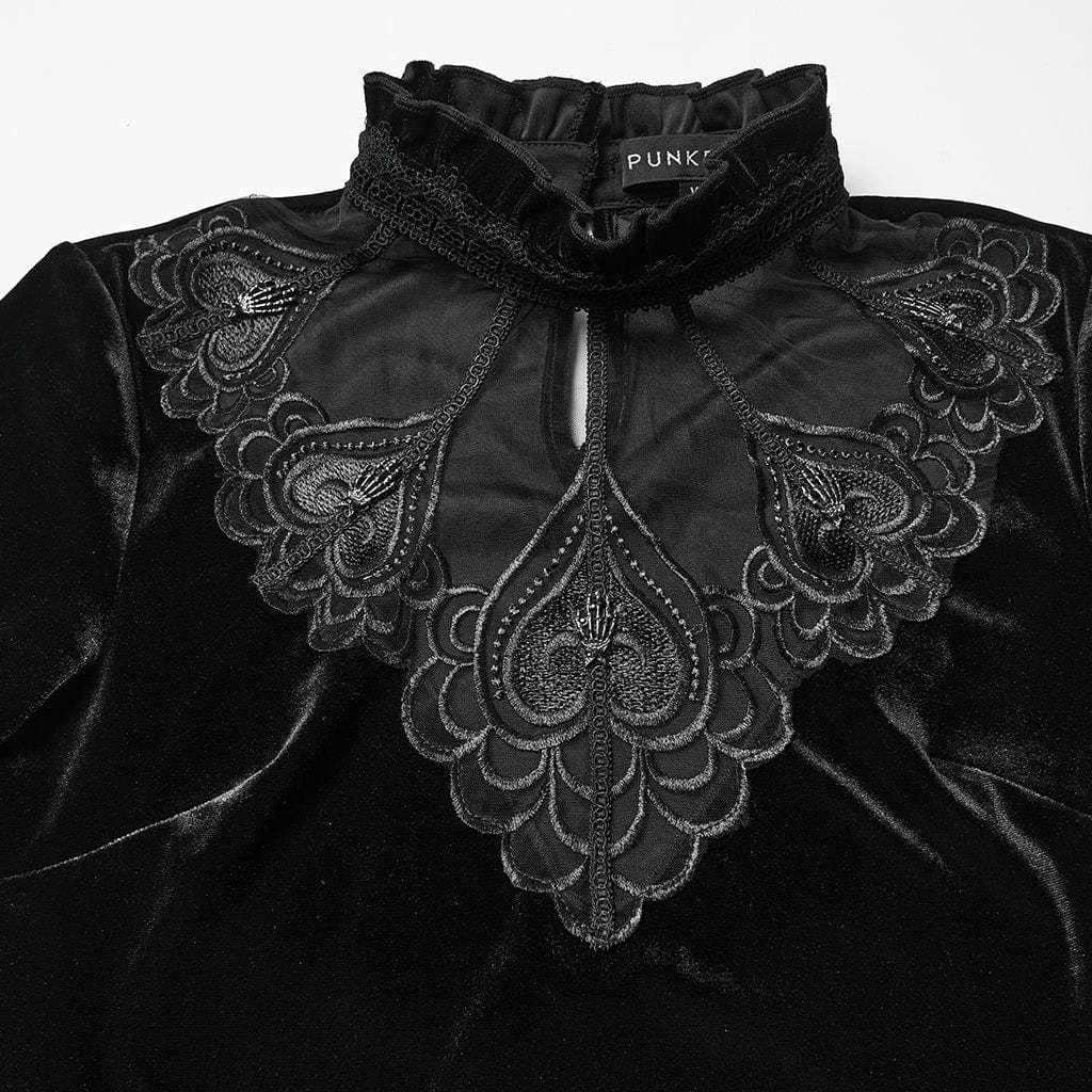 Top a maniche lunghe con cuore gotico ricamato da donna, nero - immagine 7