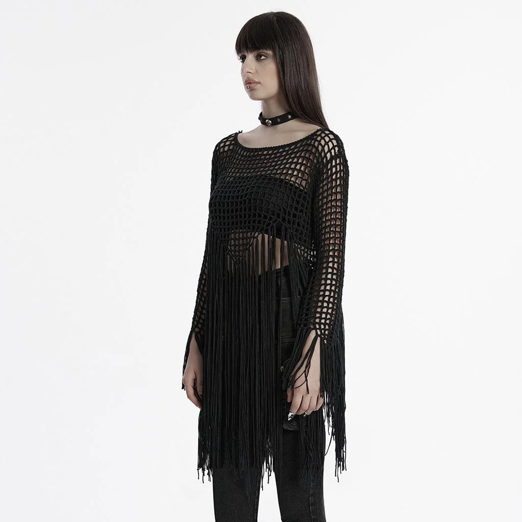 Maglione da donna con nappe traforate in stile gotico, nero - immagine 3