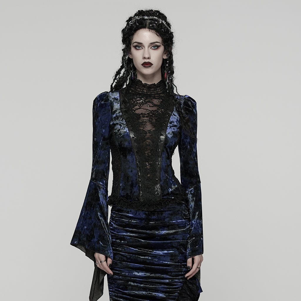 Camicia da donna con maniche svasate e lacci in pizzo gotico blu - immagine 2