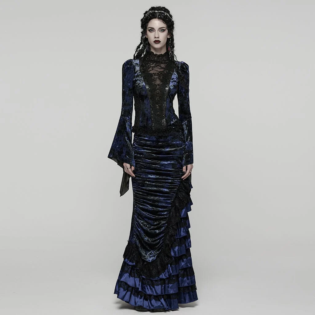 Camicia da donna con maniche svasate e lacci in pizzo gotico blu - immagine 5