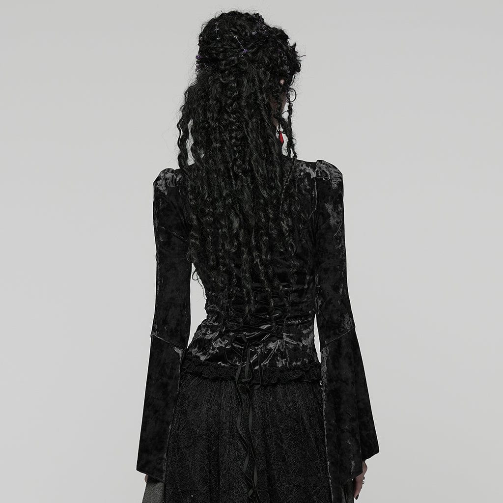 Top da donna con maniche svasate e lacci in pizzo gotico nero - immagine 4