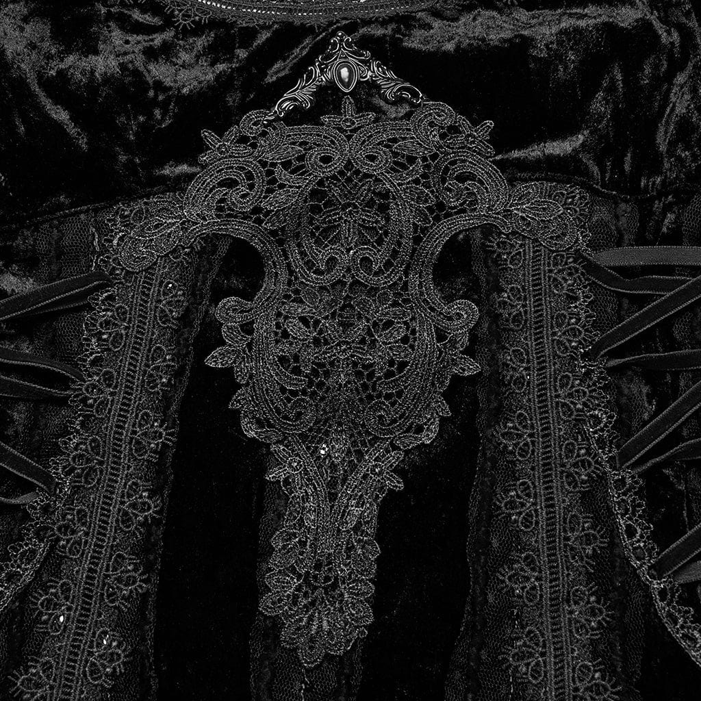 Abito sottoveste in velluto con ricami floreali e lacci gotici da donna, nero - immagine 7