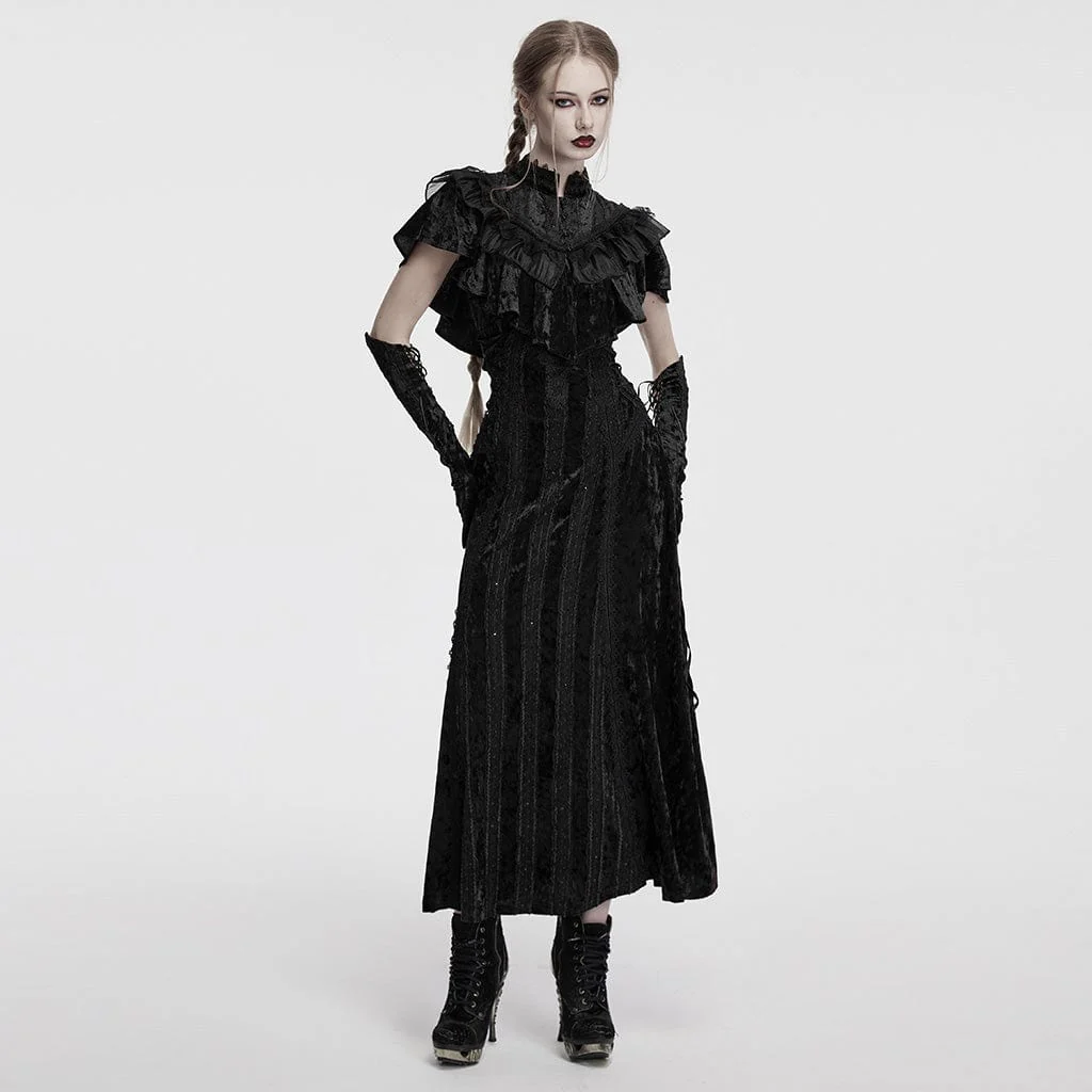 Abito sottoveste in velluto con ricami floreali e lacci gotici da donna, nero - immagine 5