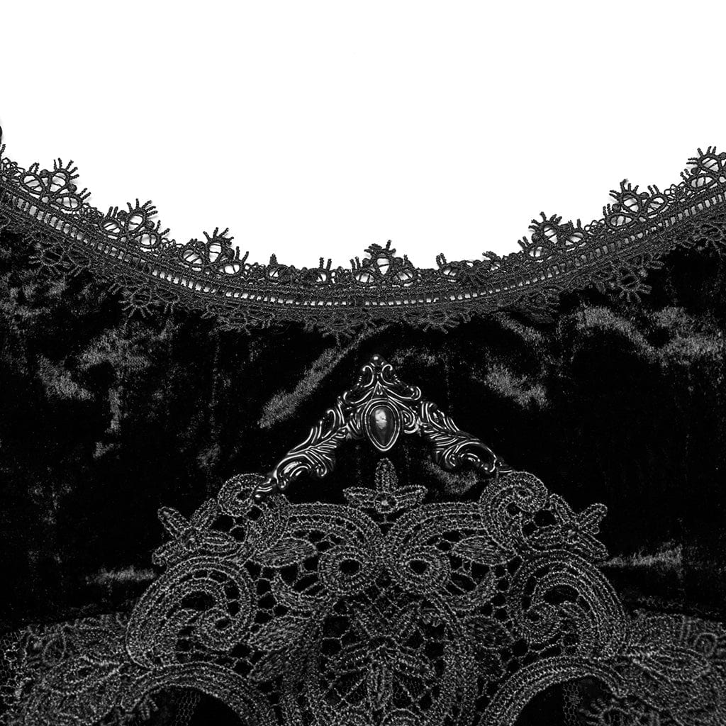 Abito sottoveste in velluto con ricami floreali e lacci gotici da donna, nero - immagine 8