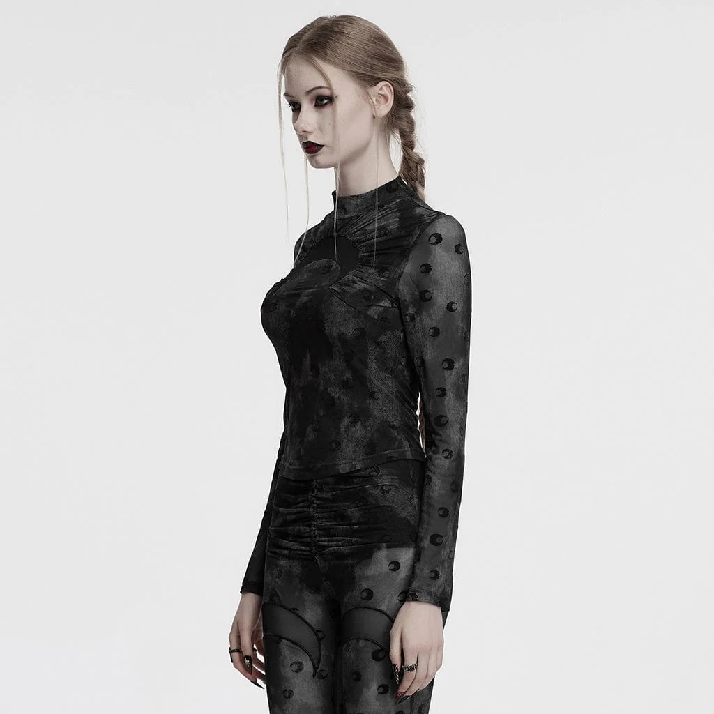 Camicia da donna in maglia arricciata con stampa gotica a luna grigia - immagine 3