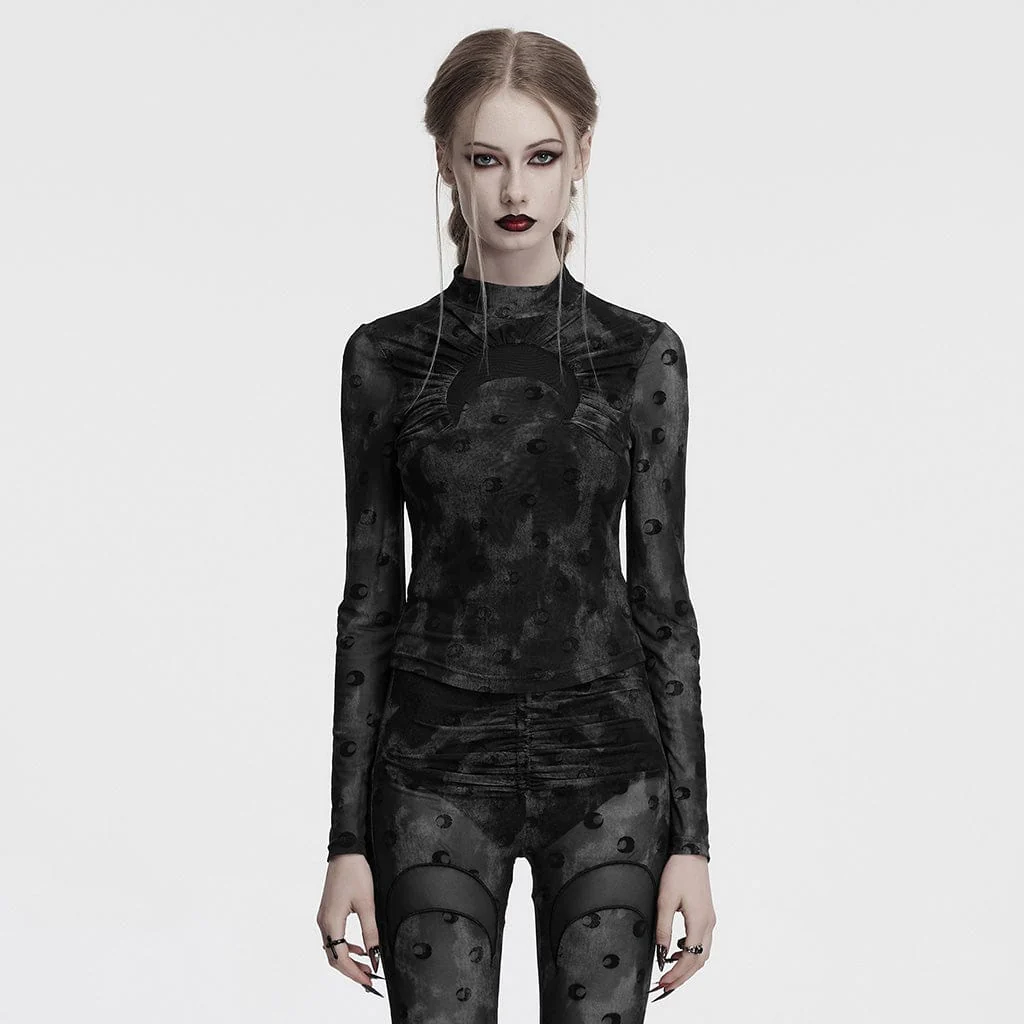 Camicia da donna in maglia arricciata con stampa gotica a luna grigia - immagine 2