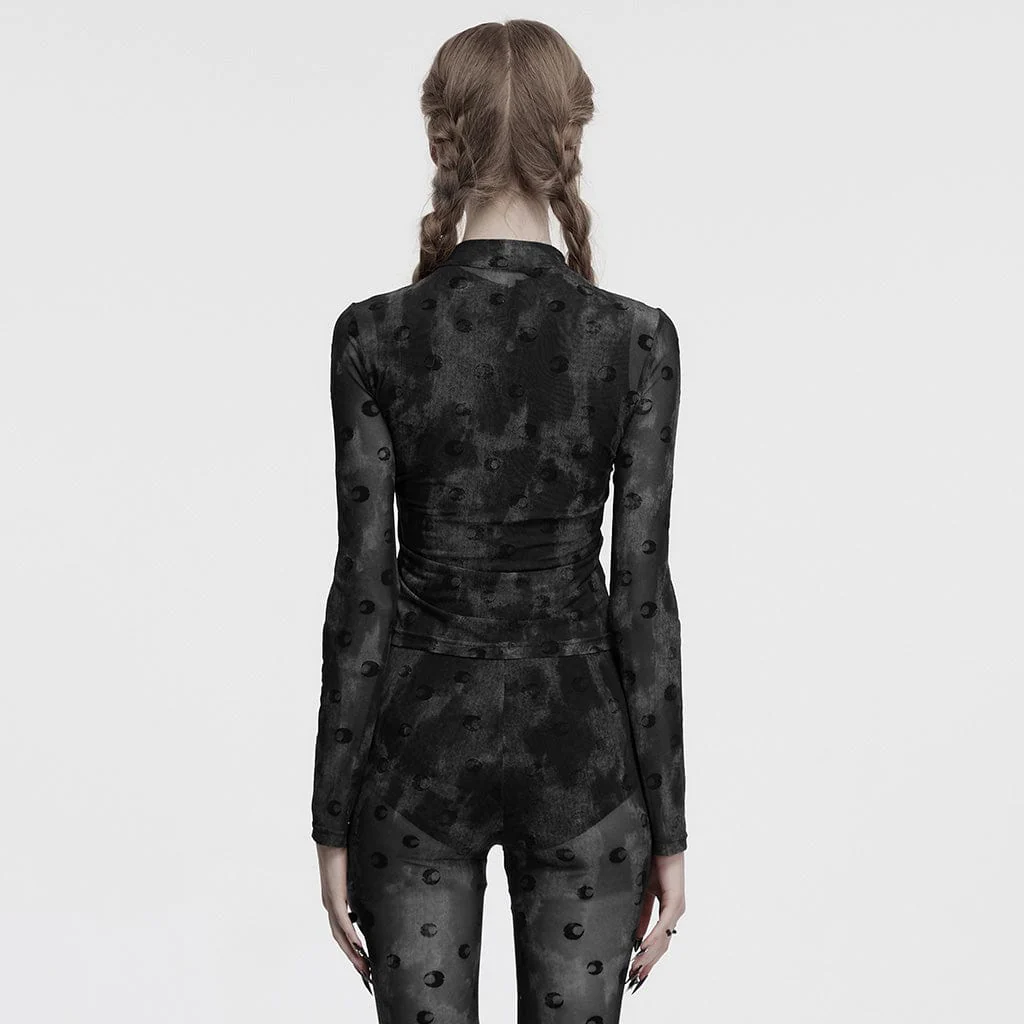 Camicia da donna in maglia arricciata con stampa gotica a luna grigia - immagine 4