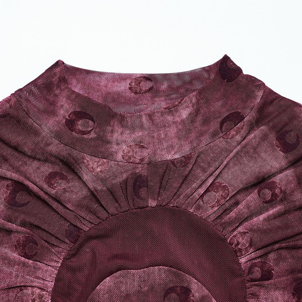 Camicia da donna in rete arricciata con stampa gotica a forma di luna, rossa - immagine 7