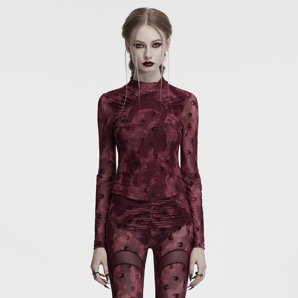 Camicia da donna in rete arricciata con stampa gotica a forma di luna, rossa - immagine 2